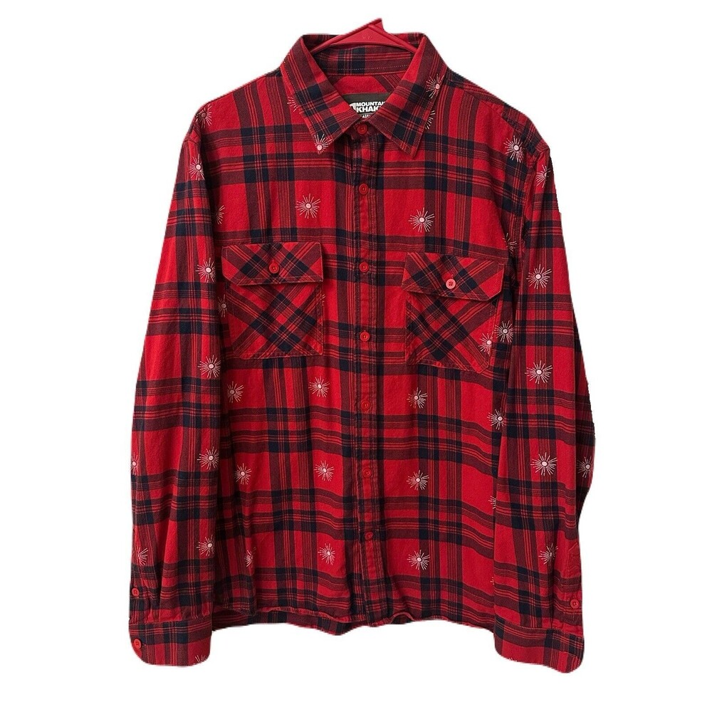 Mountain Khakis Mens Size Large Soft Sunburst Red Black Plaid Flannel Shirt EUC